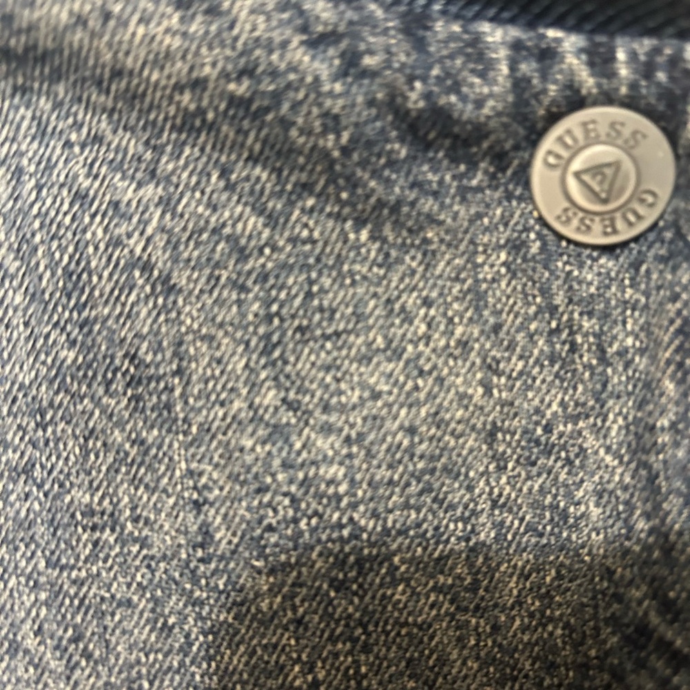 Vintage GUESS Blue Denim Patchwork Jacket S Asymmetrical Bomber - Picture 8 of 12